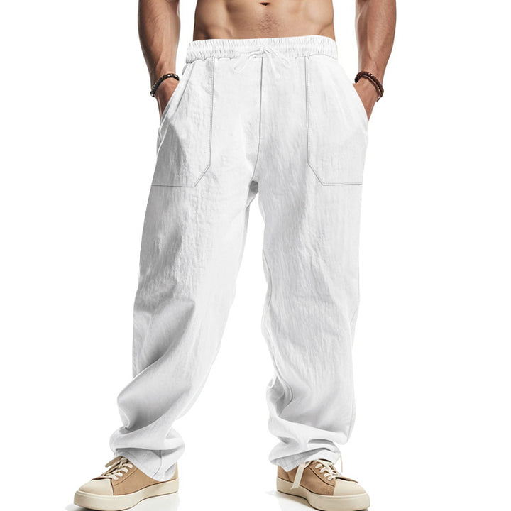 Men's Loose Linen Look Casual Pants with Elastic Waistband and Patch Pockets