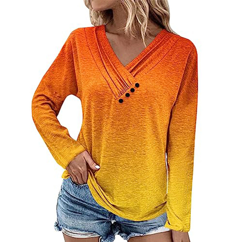 Women's Ribbed V-Neck Sweater with Gradient, Decorative Buttons and Relaxed Fit Mune Fashion