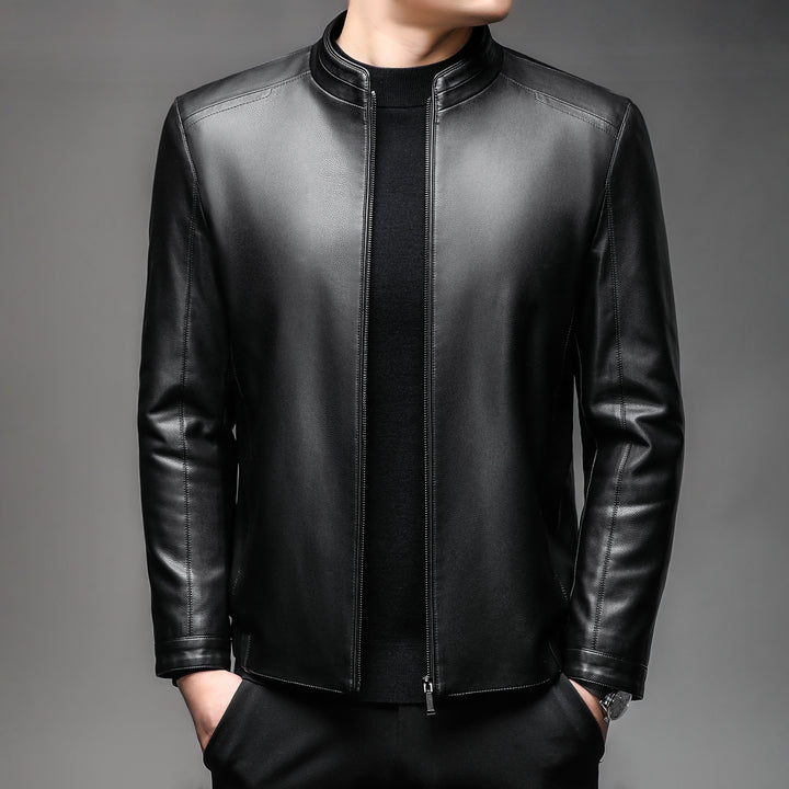 Men's lamb leather bomber jacket with warm lining and stand-up collar Mune Fashion