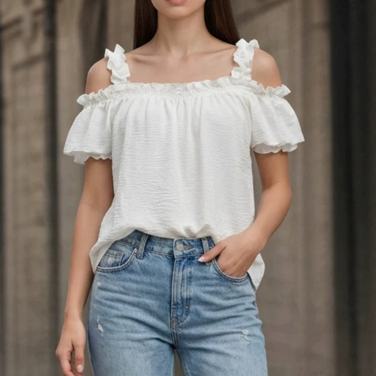 Women's Off-Shoulder Crinkle Top with Smocked Bandeau, Ruffled Straps and Wing Sleeves Mune Fashion