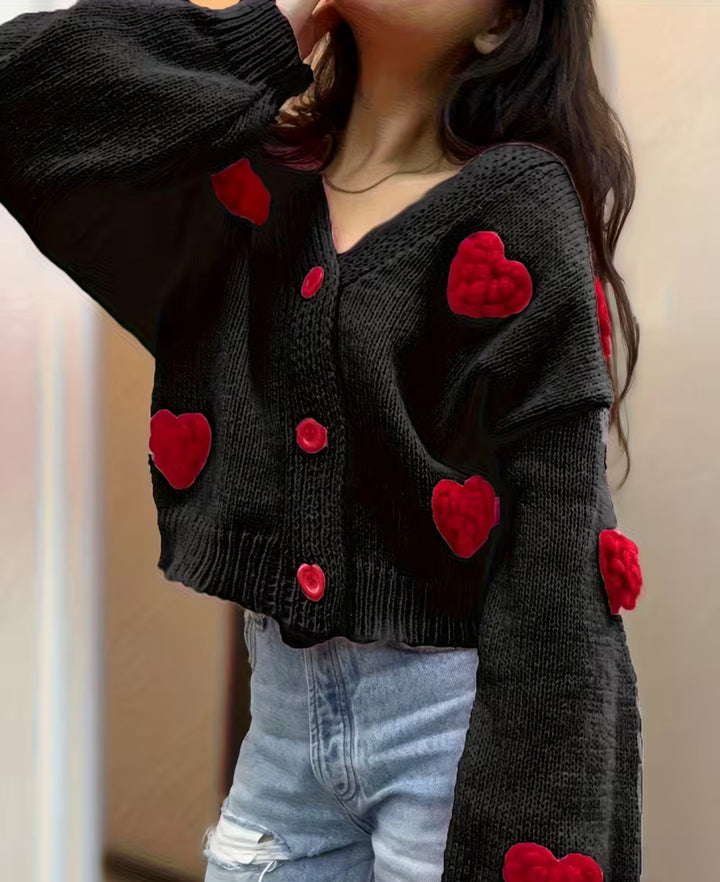 Women's Short-Cut V-Neck Cardigan with Embossed Heart Appliqués and Decorative Buttons Mune Fashion