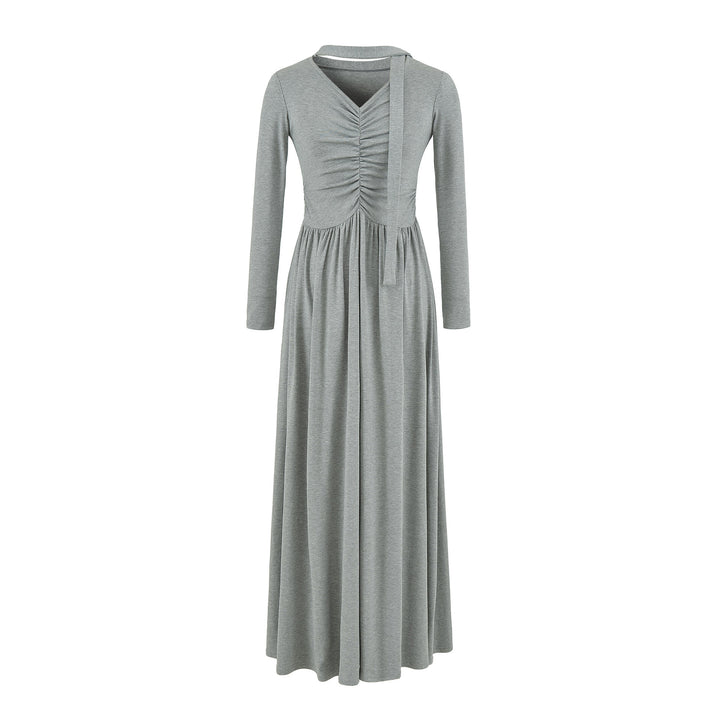 Women Long Jersey Maxi Dress with Gathering, V-Neck and Tied Scarf Mune Fashion