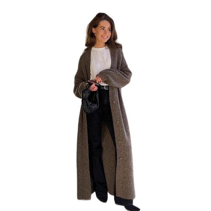 Women Maxi Long Knit Coat in Mohair Look with Concealed Button Placket and Loose Silhouette Mune Fashion
