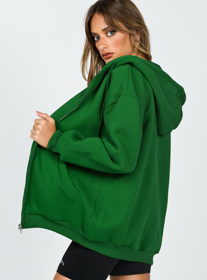 Women's casual zip hoodie jacket in boxy cut with dropped shoulders, hidden drawstring, and large kangaroo pockets Mune Fashion