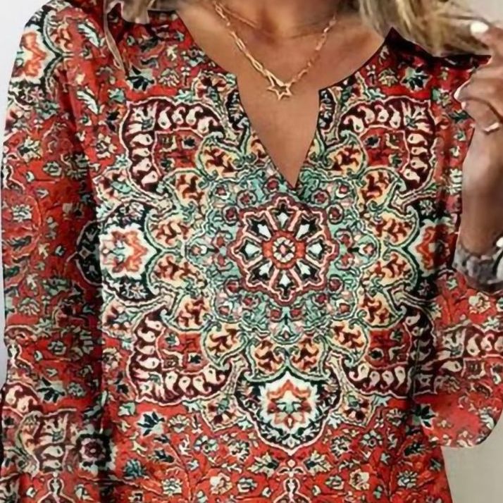 Women's Boho Tunic Blouse with Mandala Print, V-neck and three-quarter sleeves Mune Fashion
