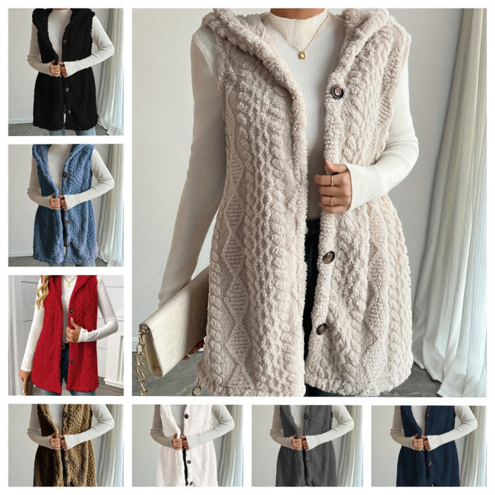 Women's Hooded Teddy Vest with Structured Cable Knit Pattern and Decorative Button Placket Mune Fashion