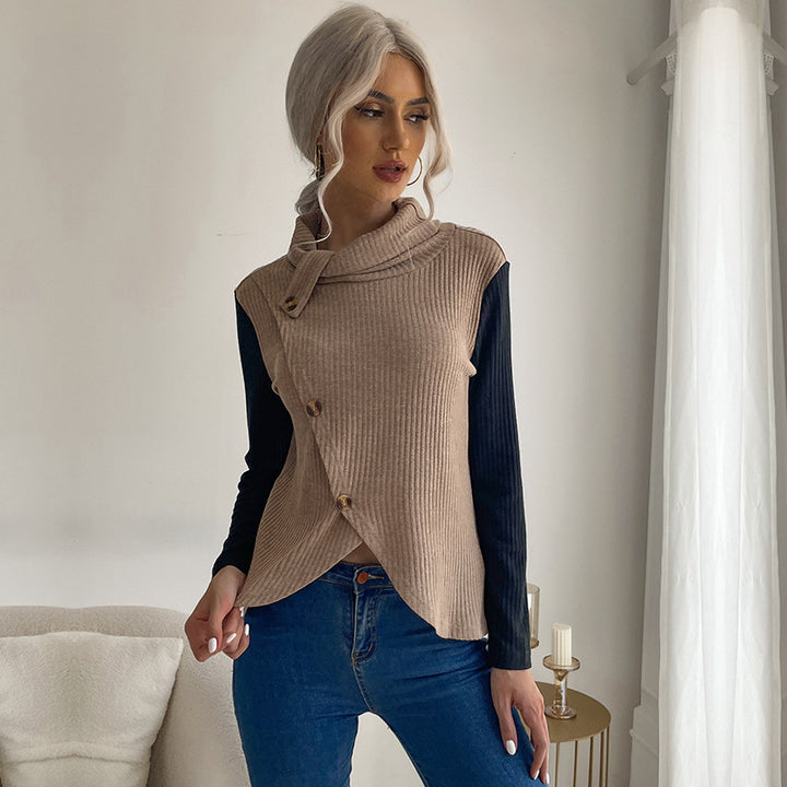 Ladies Asymmetric Ribbed Knit Layering Top with Roll Neck and Decorative Button Placket Mune Fashion