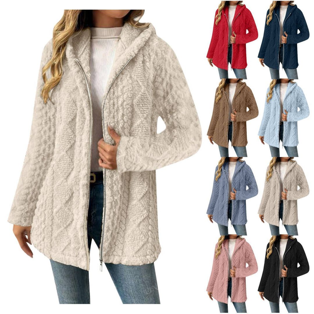 Women's Hooded Sherpa Jacket with Cable Pattern, Medium Length and Two-Way Zipper Mune Fashion