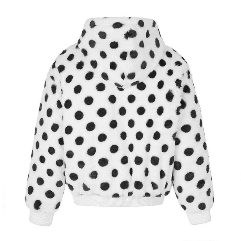 Women’s bomber-style hooded fleece jacket with polka dots and decorative frog button details Mune Fashion