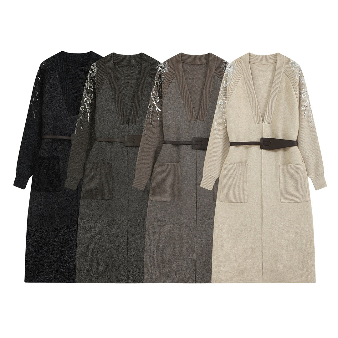 Ladies Long Cardigan with Belt, Deep V-Neck and Embroidered Sequin Sleeves Mune Fashion