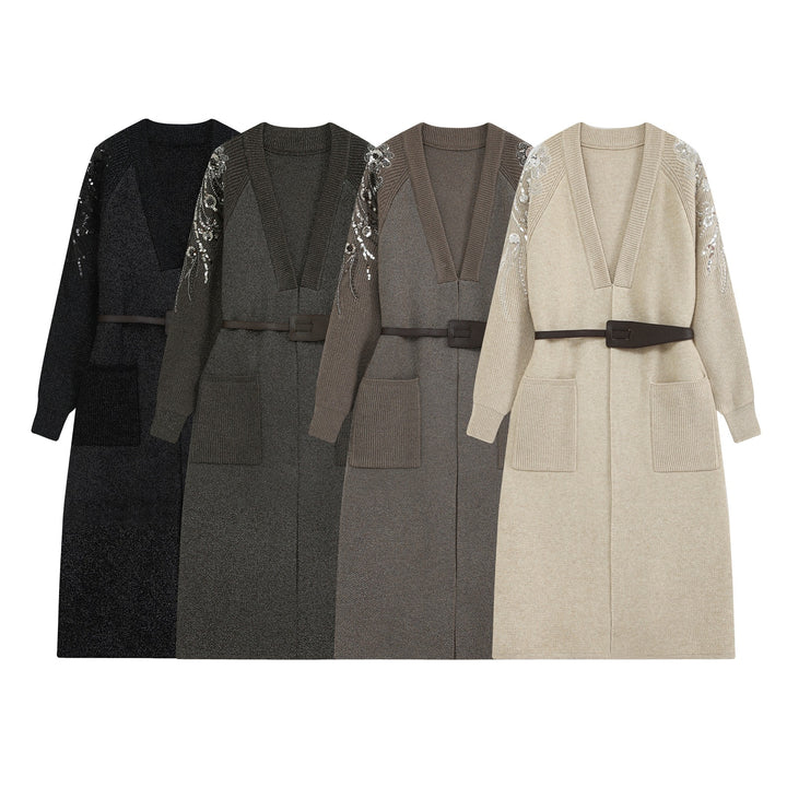 Ladies Long Cardigan with Belt, Deep V-Neck and Embroidered Sequin Sleeves Mune Fashion