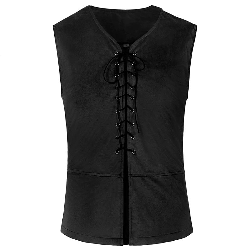 Men's sleeveless vintage linen shirt with chest lacing and stand-up collar Mune Fashion