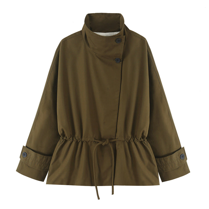 Women's short jacket with drawstring waist, high stand-up collar, and asymmetric button placket Mune Fashion