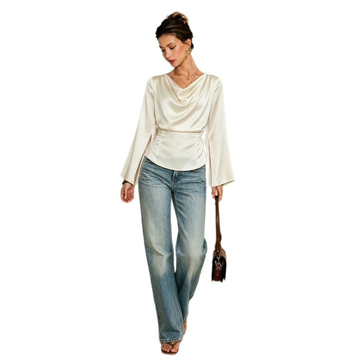Women's elegant satin blouse with waterfall neckline, tailored silhouette and long sleeve slits.