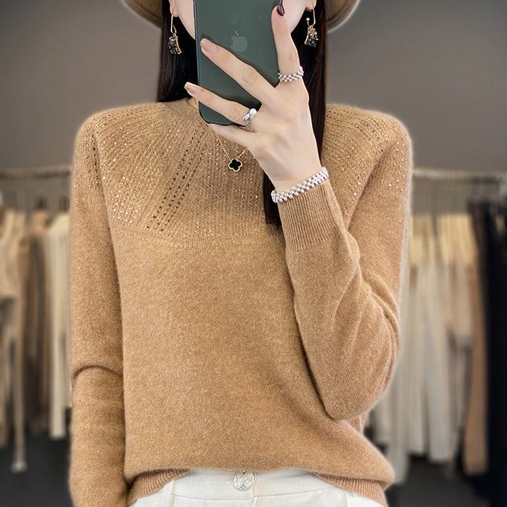 Ladies Soft Cashmere-Look Fine Knit Sweater with Ajour-Yoke and Sequin Trim Mune Fashion