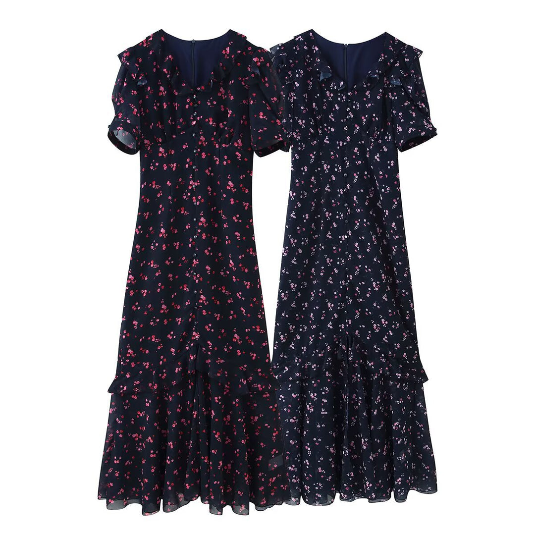 Women’s maxi dress with ruffles, V-neck and floral chiffon look Mune Fashion