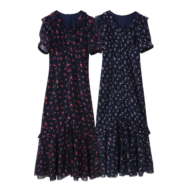 Women’s maxi dress with ruffles, V-neck and floral chiffon look Mune Fashion