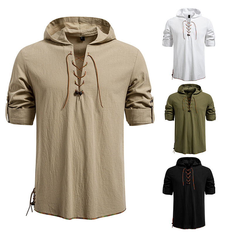 Men's Lightweight Hoodie Shirt with Decorative Lacing, Short Sleeve and Longline Cut Mune Fashion