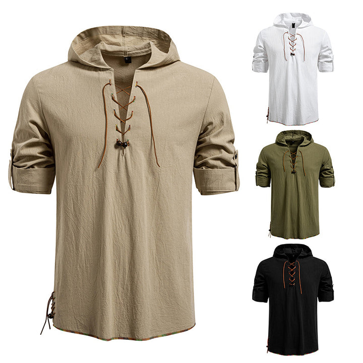 Men's Lightweight Hoodie Shirt with Decorative Lacing, Short Sleeve and Longline Cut Mune Fashion