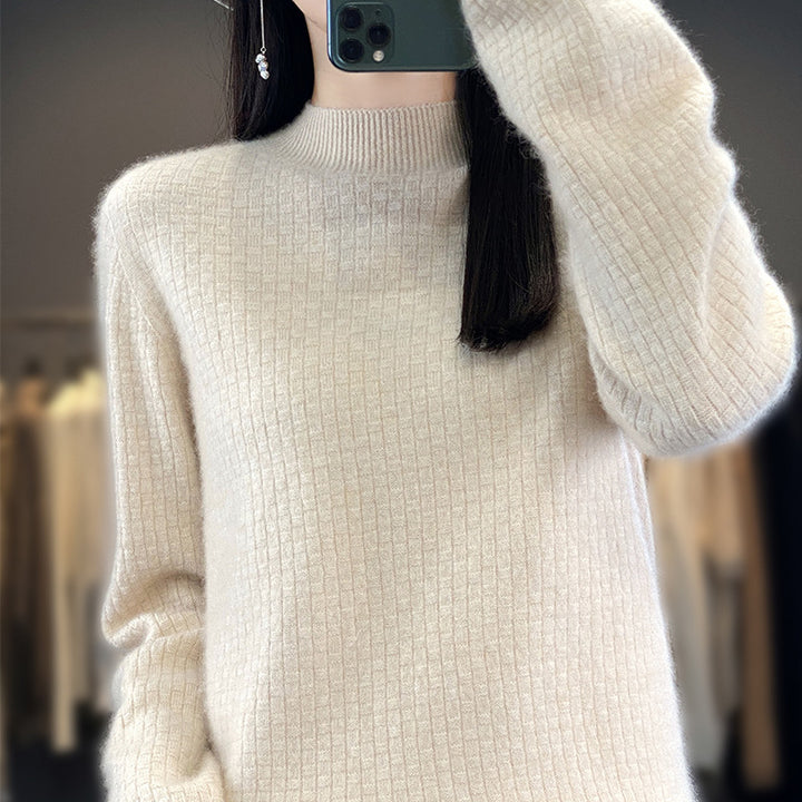 Women's Soft Boxy Mock Neck Sweater in Mohair Look with Fine Box Rib Structure Mune Fashion