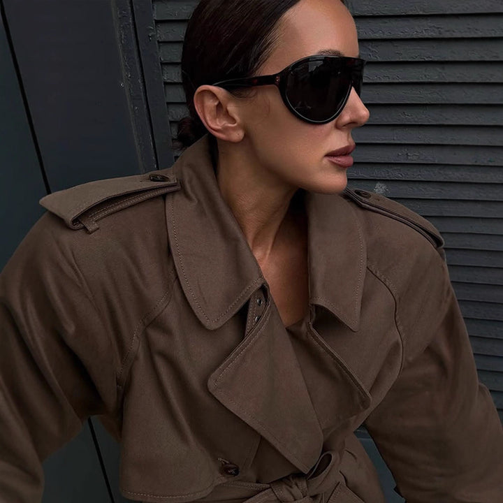 Women's Maxi Length Trench Coat with Emphasized Shoulder Section, Double Button Placket and Tie Belt Mune Fashion