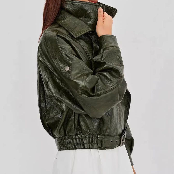 Women's Stylish Leather Jacket with Hip Belt