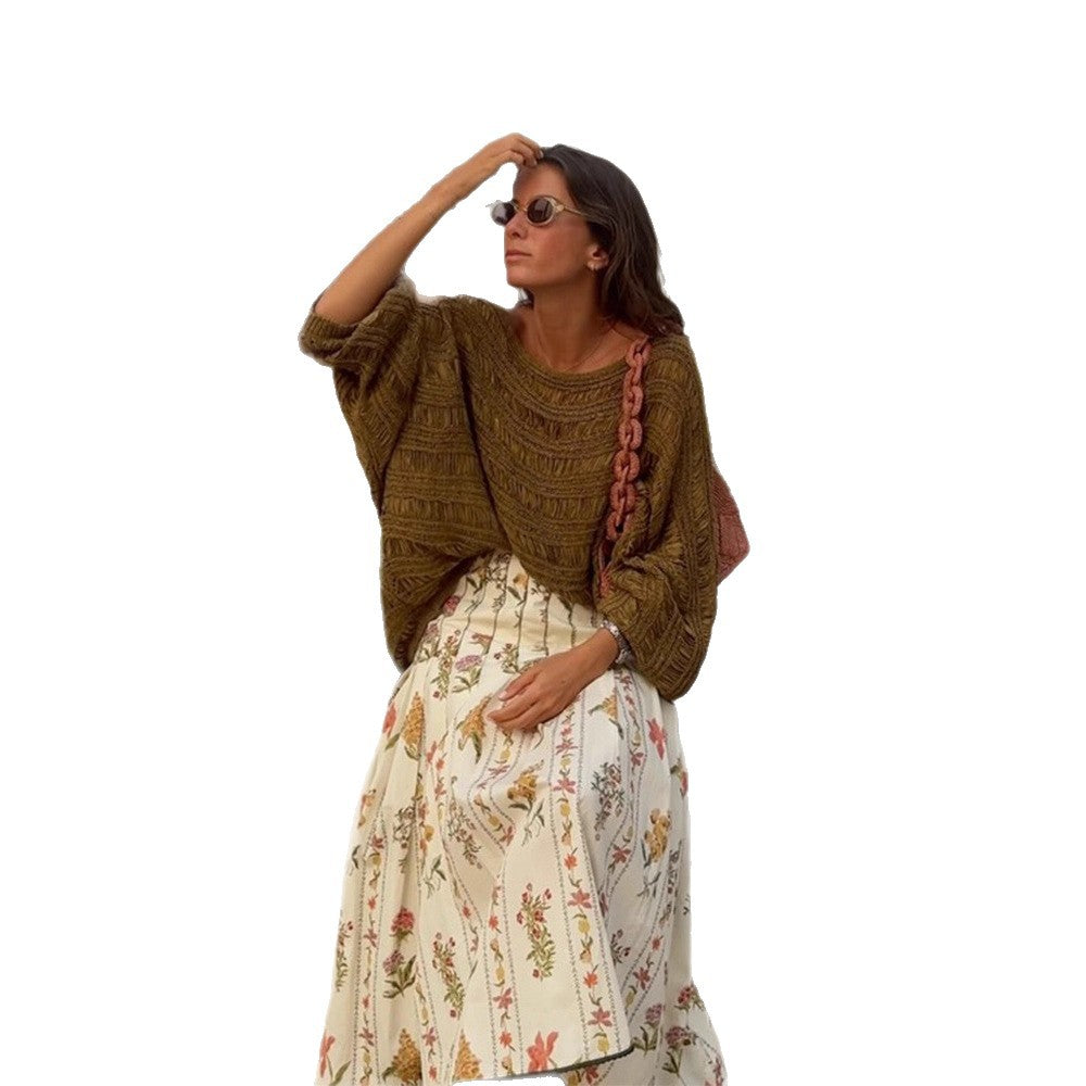Women Loose Crocheted Poncho Knit Blouse with Wide Boat Neck and Texture Pattern Mune Fashion