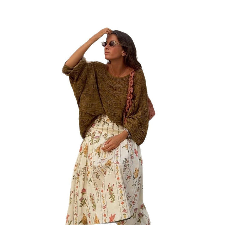 Women Loose Crocheted Poncho Knit Blouse with Wide Boat Neck and Texture Pattern Mune Fashion