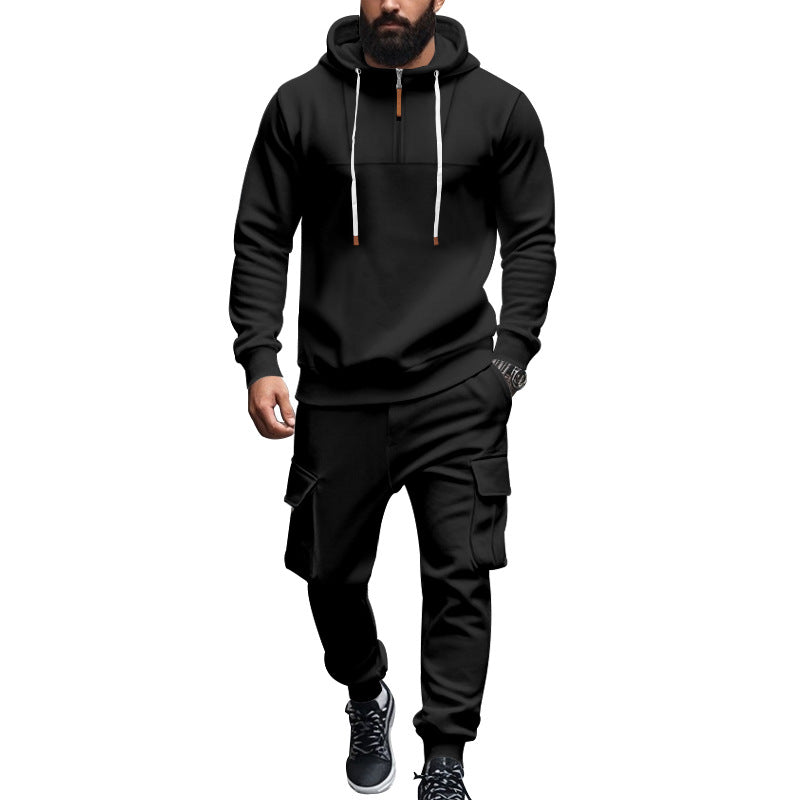 Men's cargo-style hooded sweatshirt and jogger set with short chest zipper and flap pockets Mune Fashion