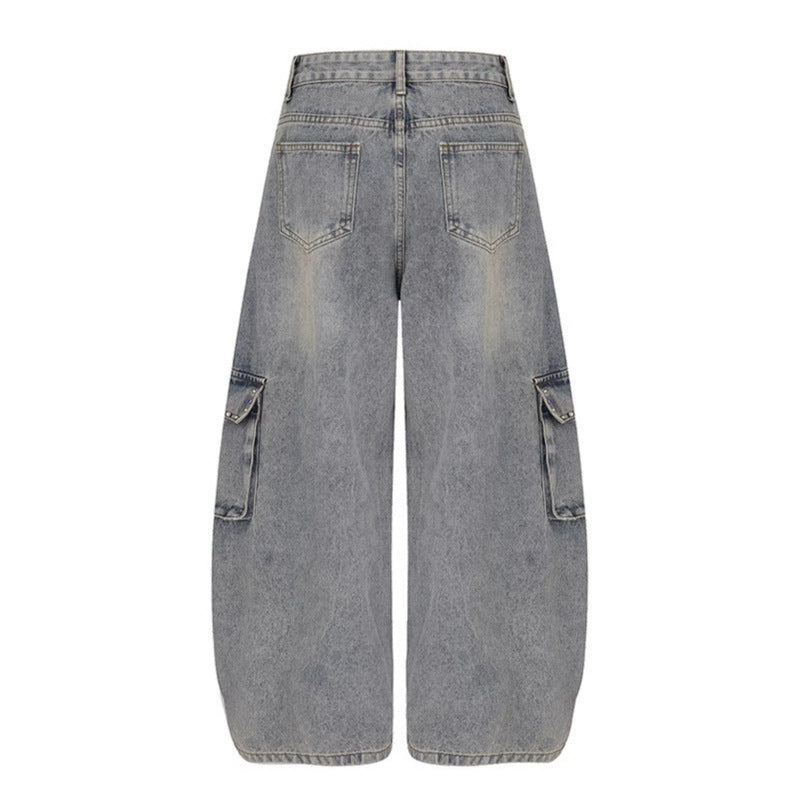 Women's Extra Wide Cargo Palazzo Jeans with High Waist, Patch Pockets, and Rhinestone Trim Mune Fashion