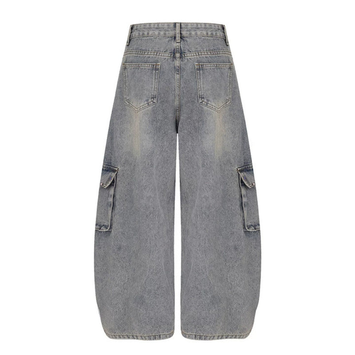 Women's Extra Wide Cargo Palazzo Jeans with High Waist, Patch Pockets, and Rhinestone Trim Mune Fashion