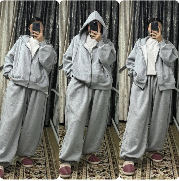 Women's oversized hooded jacket with zipper and wide jogging pants lounge set Mune Fashion