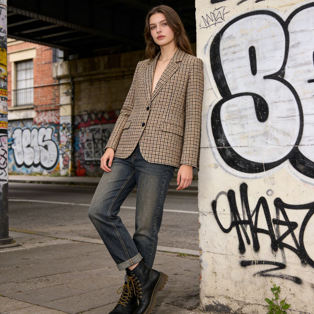 Women's Check Blazer in Modern Tailoring with Notch Lapel, Two-Button Closure and Lined Flap Pockets Mune Fashion