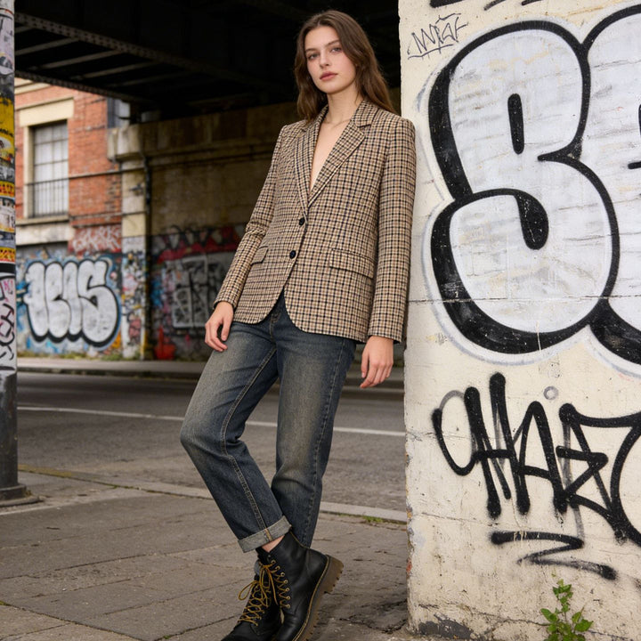 Women's Check Blazer in Modern Tailoring with Notch Lapel, Two-Button Closure and Lined Flap Pockets Mune Fashion