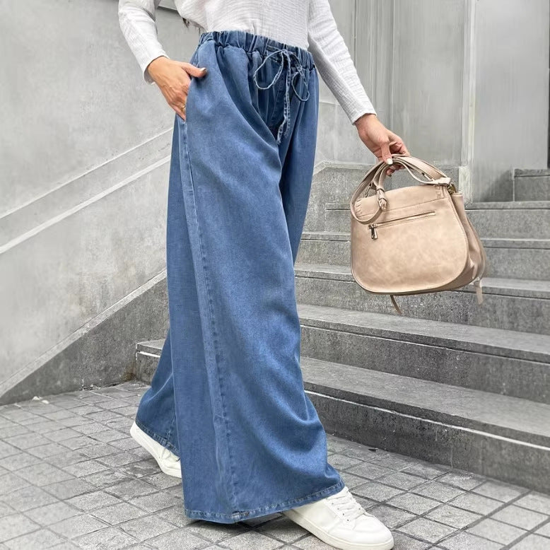 Women's Relaxed Palazzo Jeans with Drawstring Waist, Side Pockets and Extra Wide Leg Mune Fashion