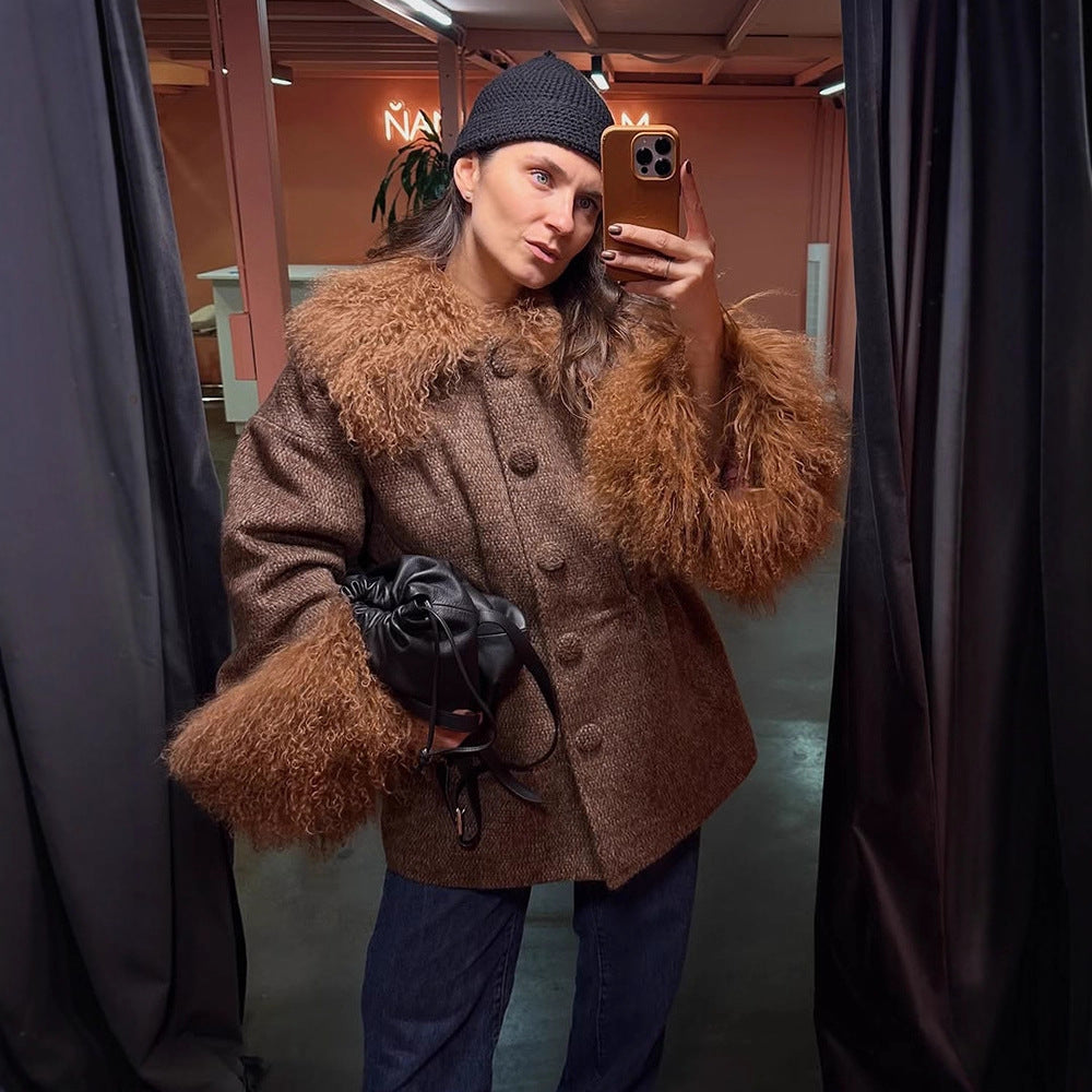 Women's Oversize Wool Blend Marca Coat with Voluminous Lamb Fur Imitation Collar and Extra Wide Sleeve Cuffs Mune Fashion