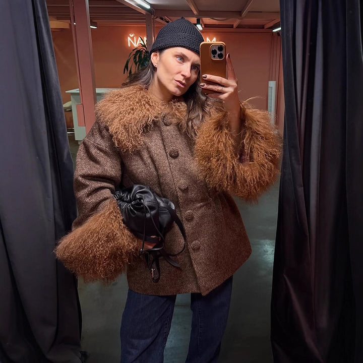 Women's Oversize Wool Blend Marca Coat with Voluminous Lamb Fur Imitation Collar and Extra Wide Sleeve Cuffs Mune Fashion