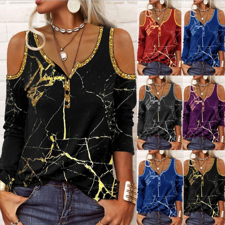 Women's Off-Shoulder Long Sleeve Henley Top with Marble Print and Sequin Trim Mune Fashion