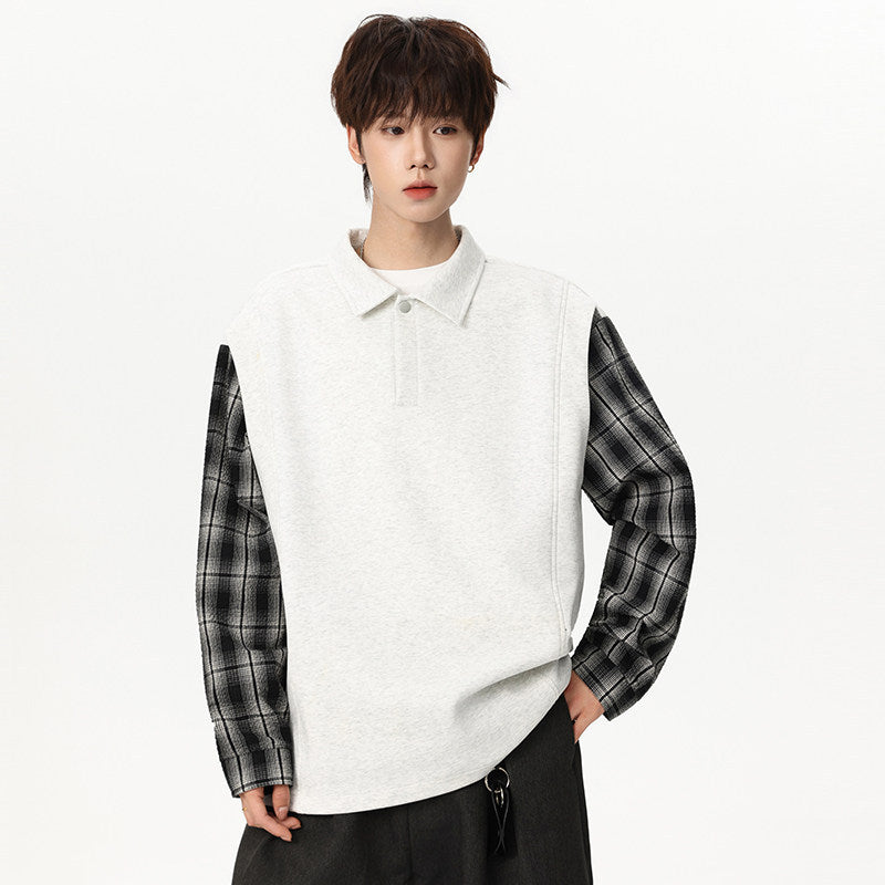 Unisex Oversize Sweater with Polo Collar and Checked Sleeve Construction Mune Fashion