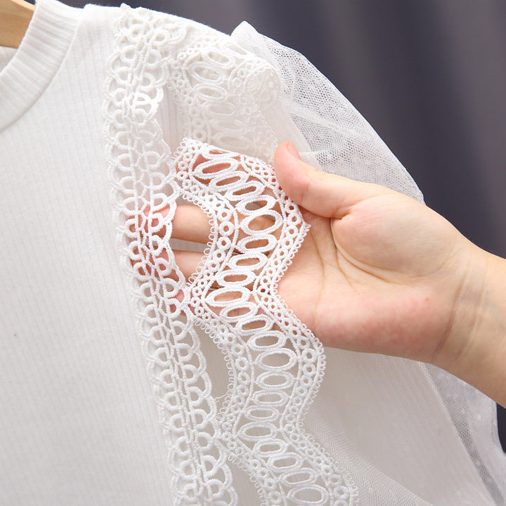 Girl sweatshirt with elegant ruffle details and transparent tulle sleeves Mune Fashion