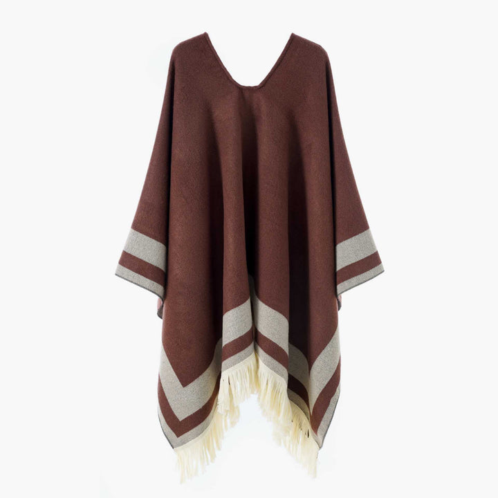 Women Oversize Poncho-Cape with V-neck and Fringe Hem Mune Fashion