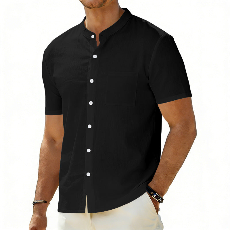Men's short-sleeved linen shirt with stand-up collar and chest pocket Mune Fashion