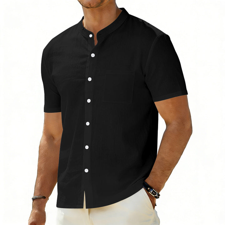 Men's short-sleeved linen shirt with stand-up collar and chest pocket Mune Fashion