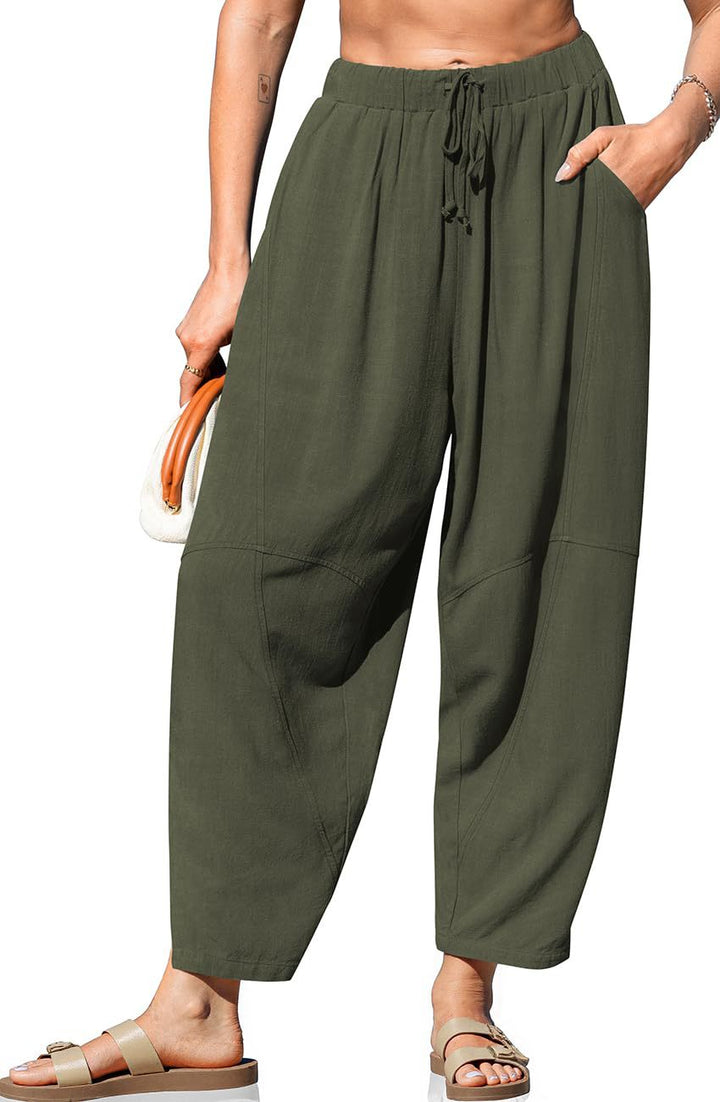 Women's Loose Fit Linen Trousers with Wide Leg and Drawstring Waist Mune Fashion