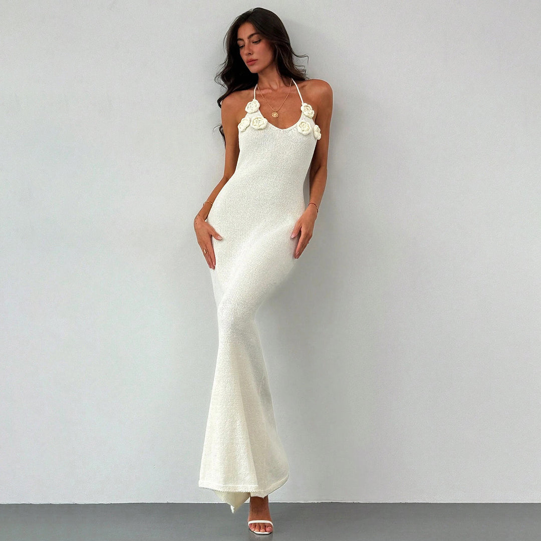 Ladies shimmering maxi dress with elegant flower appliqués Mune Fashion