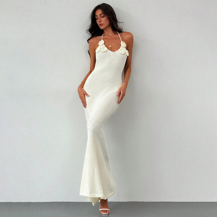Ladies shimmering maxi dress with elegant flower appliqués Mune Fashion