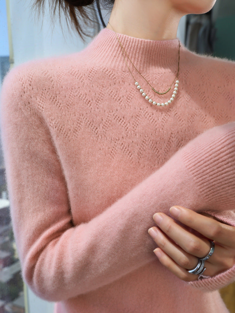 Women Slim Minimalist Stand Collar Fine Knit Sweater with Ribbed Neck Mune Fashion