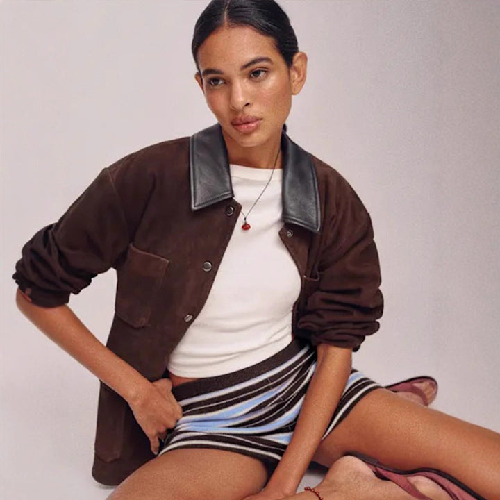 Women's Oversized Utility Jacket in Suede Look with Contrast Collar & Patch Pockets Mune Fashion
