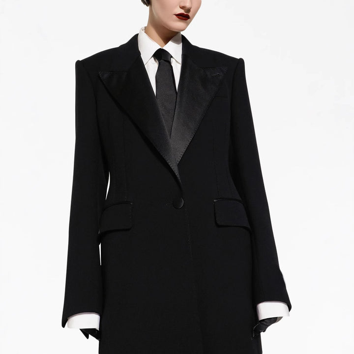 Women Elegant Tuxedo Pantsuit with Long Coat and Wide Pleated Trousers Mune Fashion