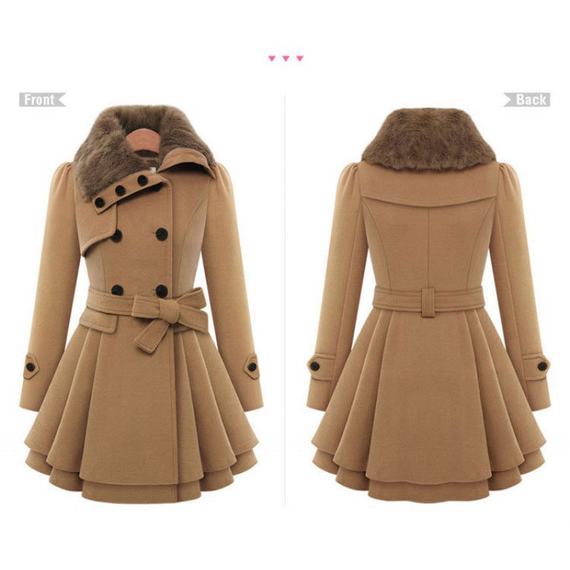 Women's tailored wool coat with bell skirt, double-breasted and faux fur collar Mune Fashion